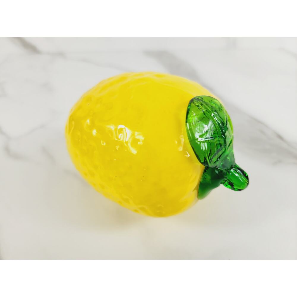 Art Glass Hand Blow Yellow Lemon w/ Green Leaf Vegetable 4" Home Decor 90s Vtg